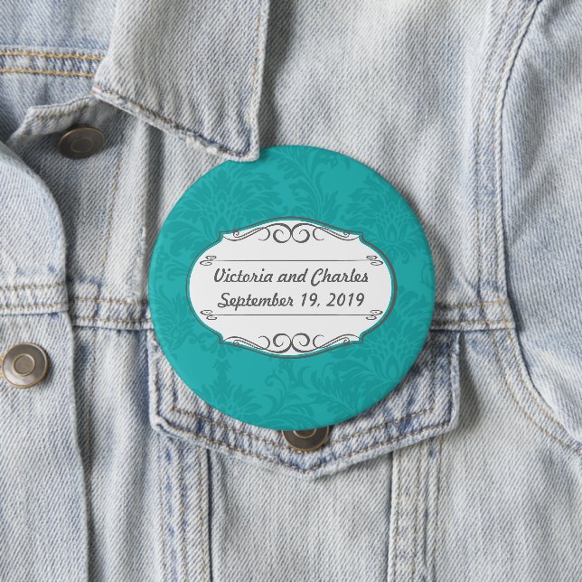 Modern Turquoise  Chartreuse Damask Wedding 10 Cm Round Badge (In Situ)