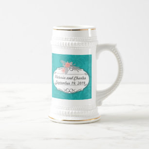 Modern Turquoise  Chartreuse Damask Wedding Beer Stein
