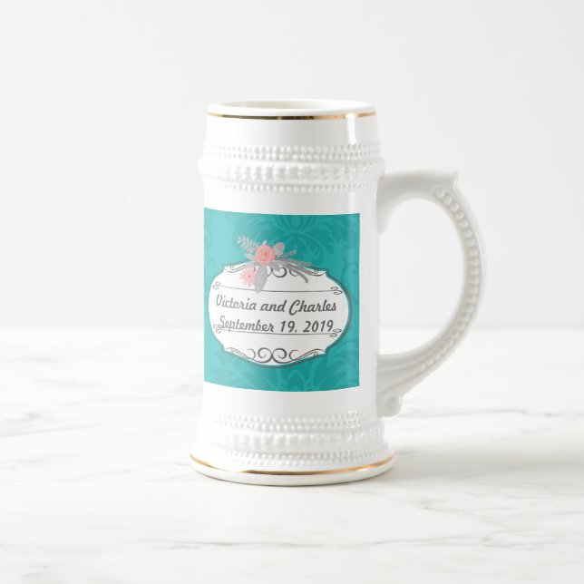 Modern Turquoise  Chartreuse Damask Wedding Beer Stein (Right)
