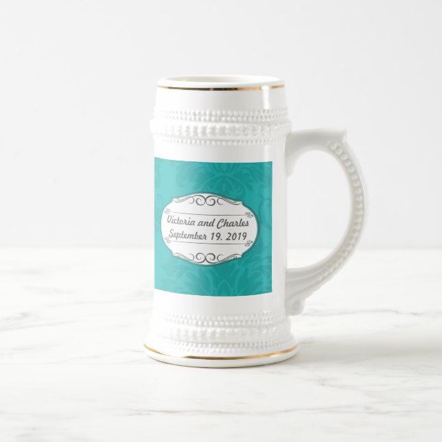 Modern Turquoise  Chartreuse Damask Wedding Beer Stein (Right)