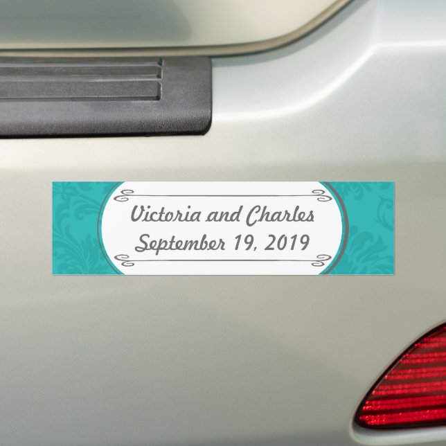 Modern Turquoise  Chartreuse Damask Wedding Bumper Sticker (On Car)