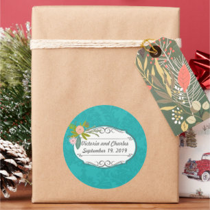 Modern Turquoise Chartreuse Damask Wedding Classic Round Sticker
