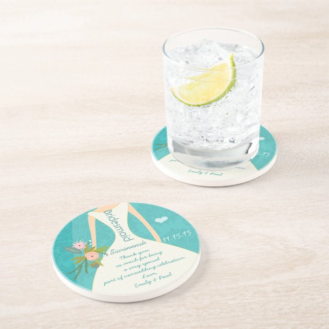 Modern Turquoise  Chartreuse Damask Wedding Coaster (Side)