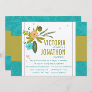 Modern Turquoise  Chartreuse Damask Wedding Invitation