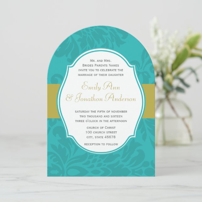 Modern Turquoise  Chartreuse Damask Wedding Invite (Standing Front)