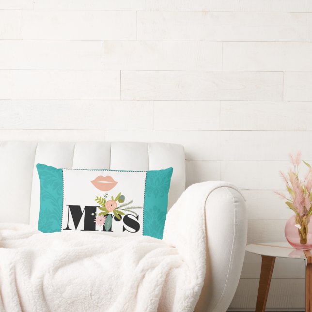 Modern Turquoise  Chartreuse Damask Wedding Lumbar Cushion (Couch)