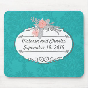 Modern Turquoise Chartreuse Damask Wedding Mouse Pad