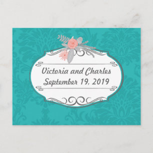 Modern Turquoise Chartreuse Damask Wedding Postcard