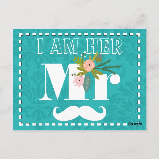 Modern Turquoise  Chartreuse Damask Wedding Postcard (Back)