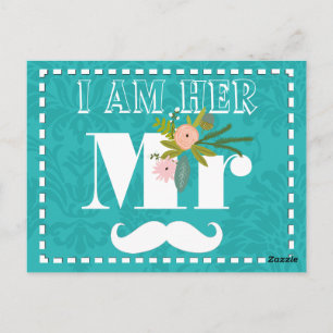 Modern Turquoise Chartreuse Damask Wedding Postcard