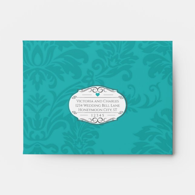 Modern Turquoise  Chartreuse Damask Wedding RSVP Envelopes (Front)