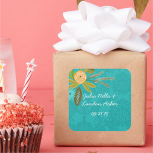 Modern Turquoise Chartreuse Damask Wedding Square Sticker
