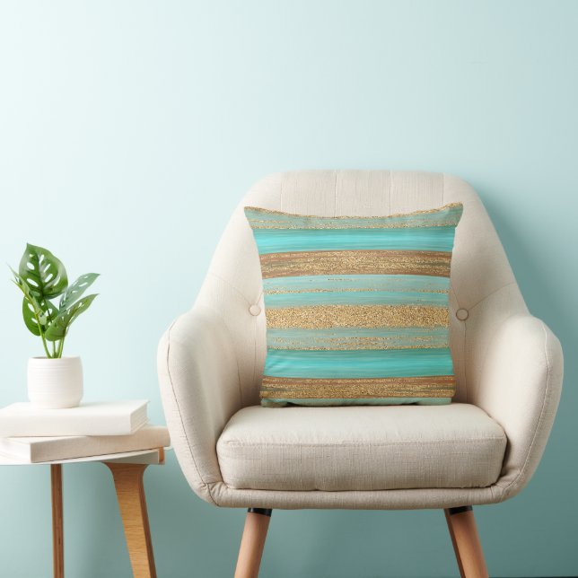 Modern Turquoise Faux Gold Glitter Stripes Pattern Cushion (Chair)