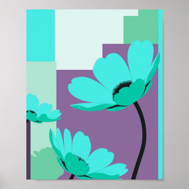 Modern Turquoise Floral Abstract Poster (Front)