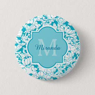 Modern Turquoise Floral Girly Monogram With Name 6 Cm Round Badge