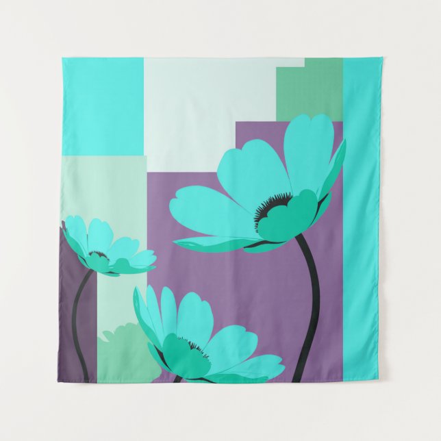 Modern Turquoise Floral Wall Tapestry (Front)