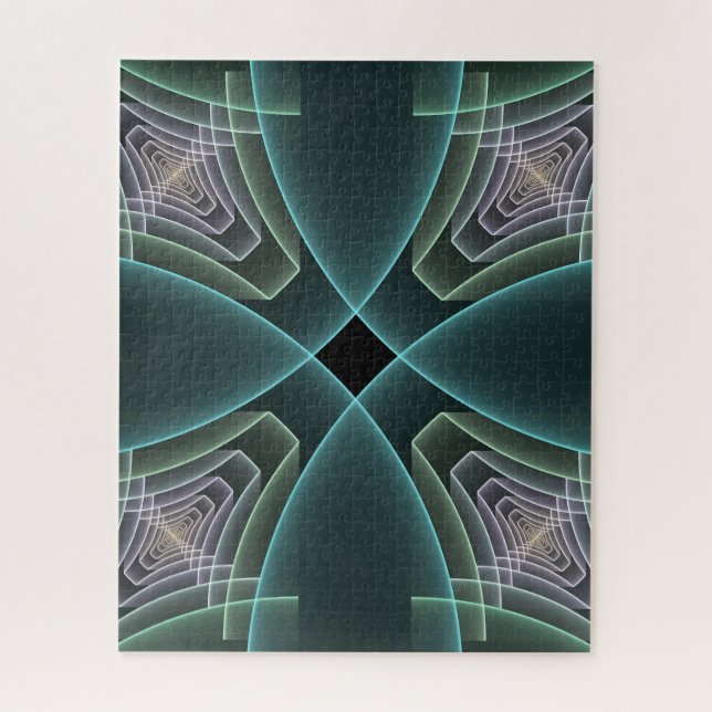 Modern Turquoise Geometric Fractal Art Graphic Jigsaw Puzzle (Vertical)