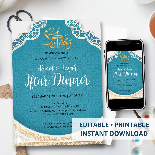 Modern Turquoise Geometric Islamic Iftar Invitation (Creator Uploaded)