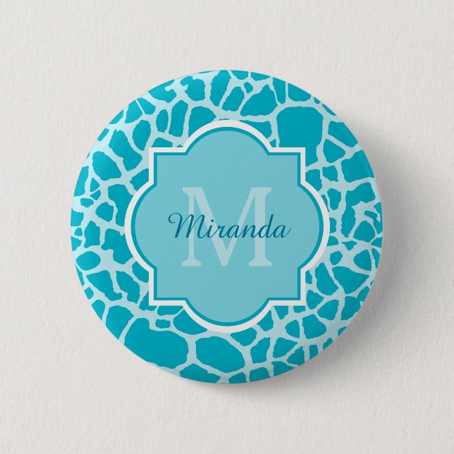 Modern Turquoise Giraffe Print Monogram With Name 6 Cm Round Badge (Front)