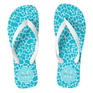 Modern Turquoise Giraffe Print Monogram With Name Jandals