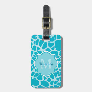 Modern Turquoise Giraffe Print Monogram With Name Luggage Tag