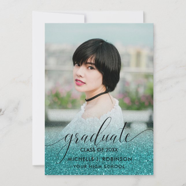 Modern Turquoise Glitter Ombre Girly Photo Announcement (Front)