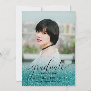 Modern Turquoise Glitter Ombre Girly Photo Announcement