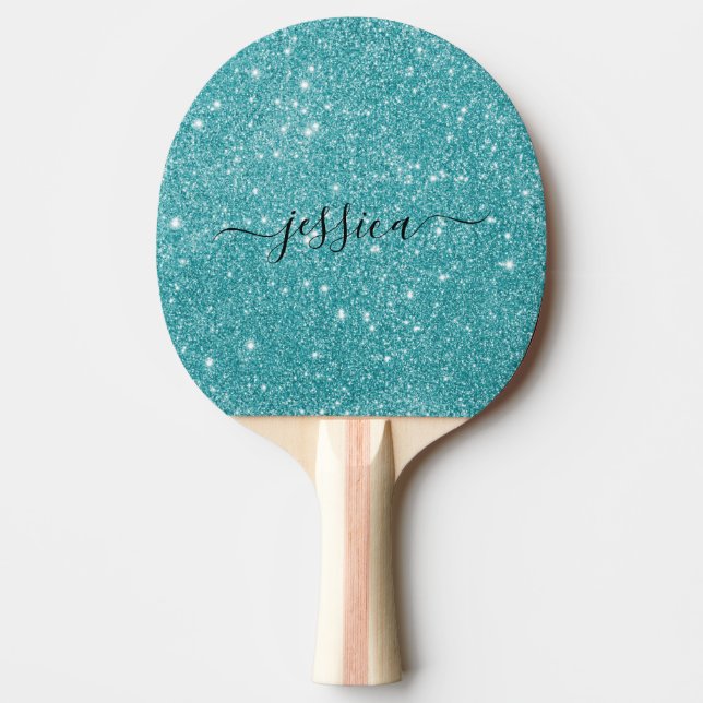 Modern turquoise glitter script name ping pong paddle (Front)