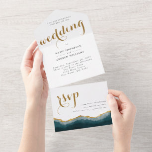 Modern Turquoise Gold Agate Calligraphy Wedding All In One Invitation