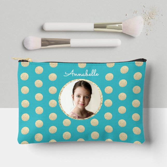 Modern Turquoise Gold Glitter Circle White Script Accessory Pouch (Creator Uploaded)