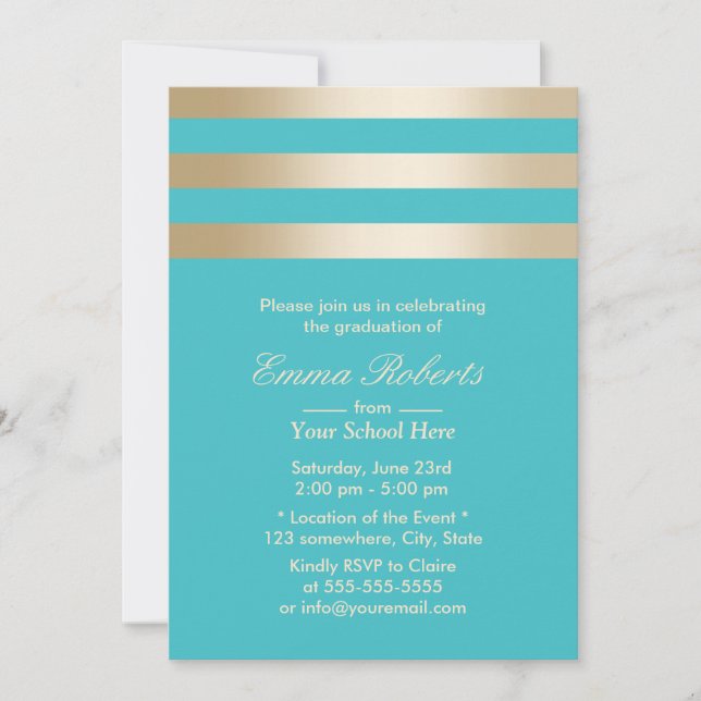 Modern Turquoise Gold Stripes Graduation Invitation (Front)