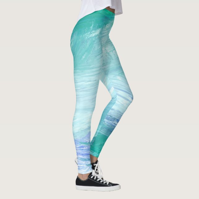 Modern Turquoise Green Blue Abstract Brush Strokes Leggings (Right)