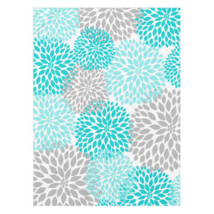 Modern turquoise grey floral tablecloth, dahlias tablecloth
