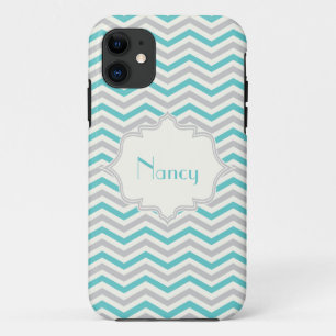 Modern turquoise, grey, ivory chevron custom iPhone 11 case