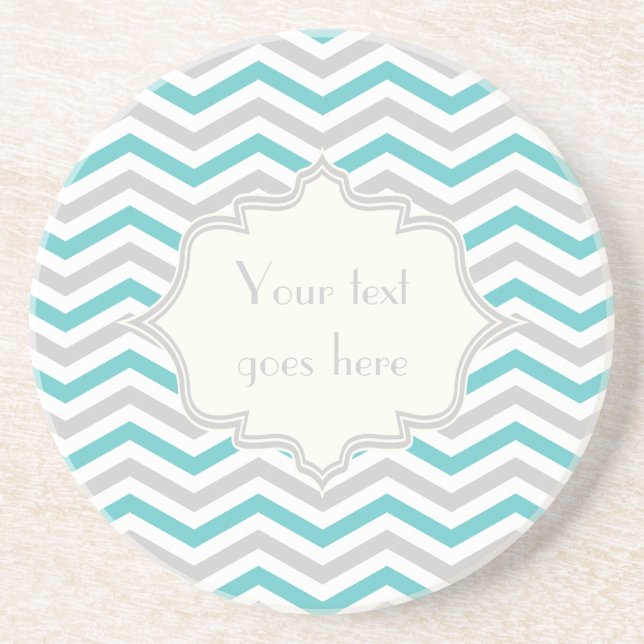 Modern turquoise, grey, ivory chevron pattern coaster (Front)