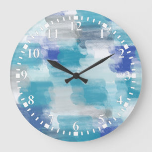Modern Turquoise & Grey Watercolor Abstract Art   Large Clock