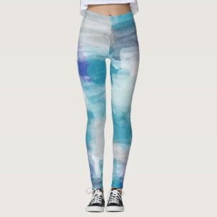 Modern Turquoise & Grey Watercolor Abstract Art Leggings