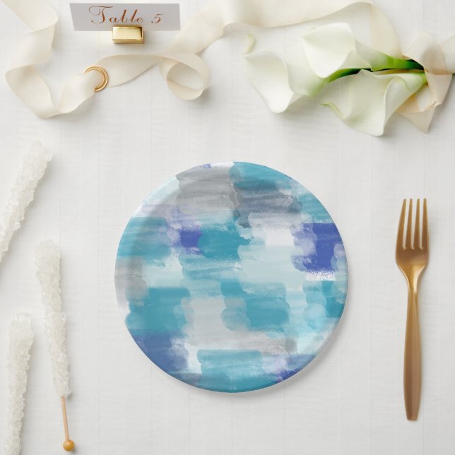 Modern Turquoise & Grey Watercolor Abstract Art   Paper Plate (Wedding)