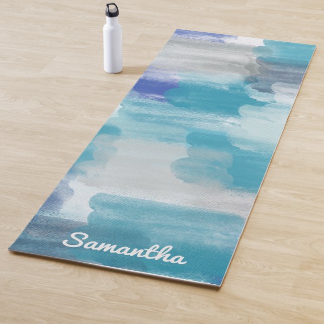 Modern Turquoise & Grey Watercolor Abstract Art  Yoga Mat (In Situ)