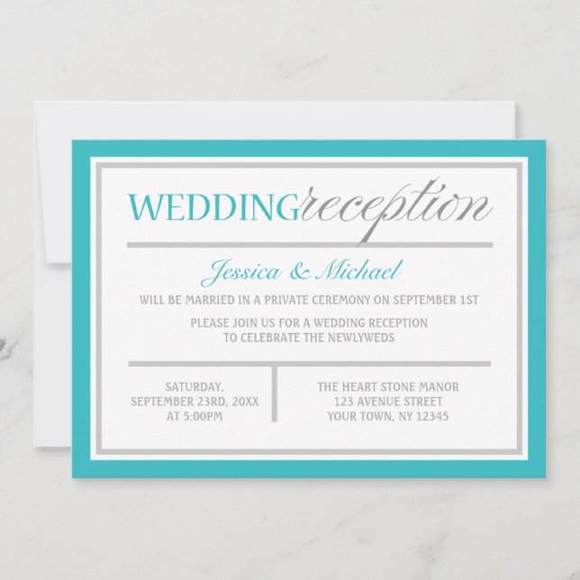 Modern Turquoise Grey Wedding Reception Invitation (Front)