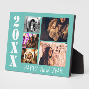 Modern Turquoise Happy New Year 5 Photo Collage Plaque
