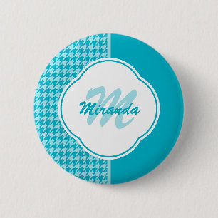 Modern Turquoise Houndstooth Monogram and Name 6 Cm Round Badge