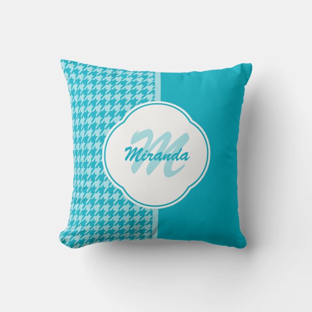Modern Turquoise Houndstooth Monogram and Name Cushion (Front)