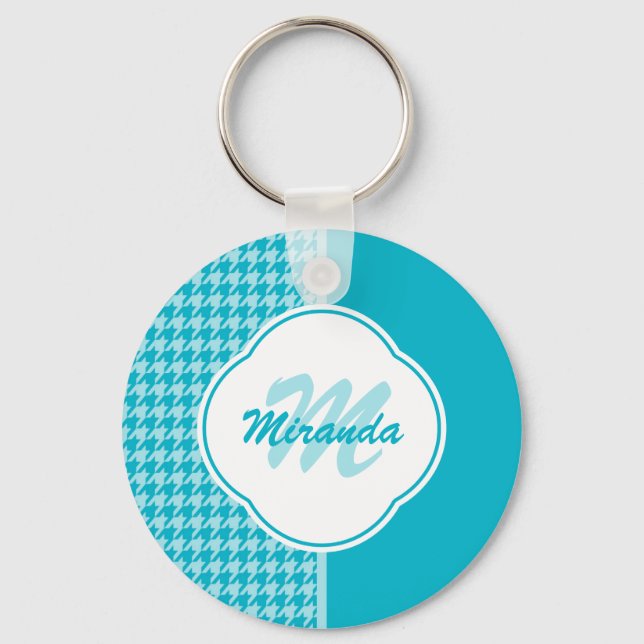 Modern Turquoise Houndstooth Monogram and Name Key Ring (Front)