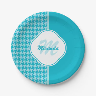 Modern Turquoise Houndstooth Monogram and Name Paper Plate