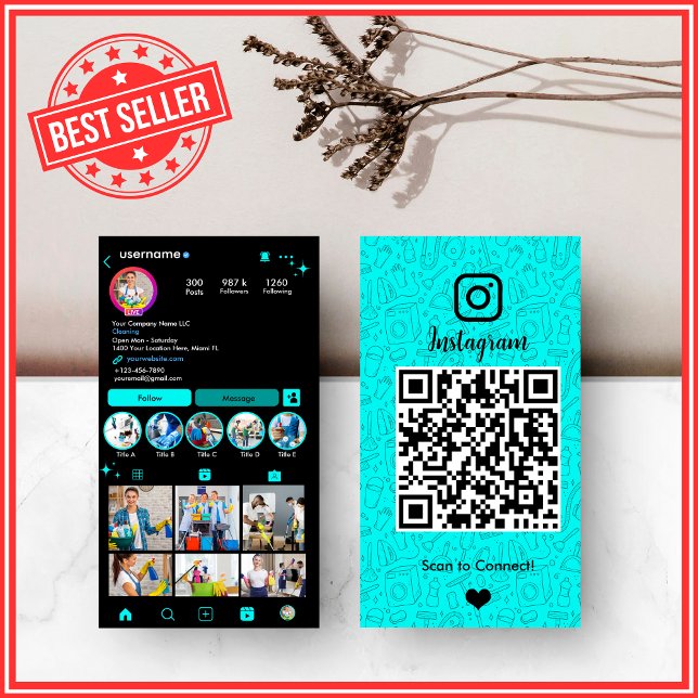 Modern Turquoise Housekeeping Instagram QR Code Business Card (Creator Uploaded)