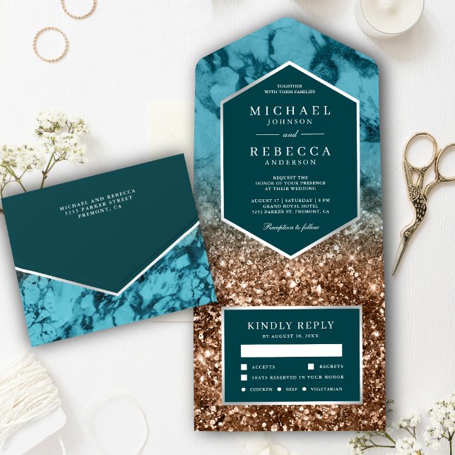 Modern Turquoise Marble Bronze Glitter Wedding All In One Invitation (Creator Uploaded)