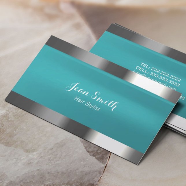 Modern Turquoise Metal Border Hair Stylist Business Card (Creator Uploaded)
