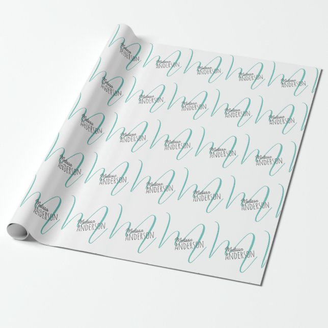 Modern Turquoise Monogram Personalised Name Wrapping Paper (Unrolled)