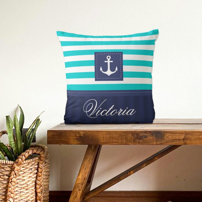 Modern Turquoise Navy Anchor Design Personalised Cushion (Creator Uploaded)